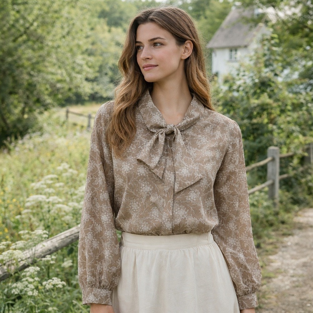 Vintage Nikki‎ Floral Tie Neck Blouse Long Sleeve Taupe Cottagecore Women's 12
